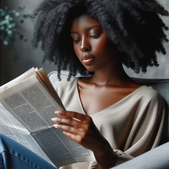 Tranquil Black Woman Immersed in Newspaper Reading