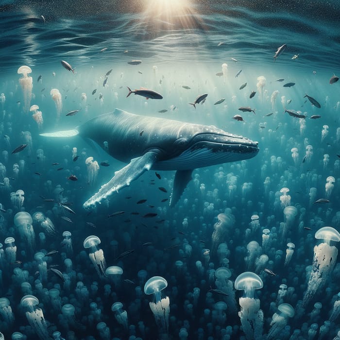 Whale Swimming Amidst Jellyfish in Ocean