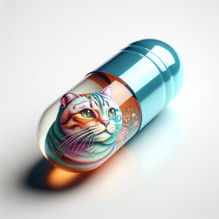 Realistic Colorful Gelatin Capsule with Cat Illustration | Unique Design