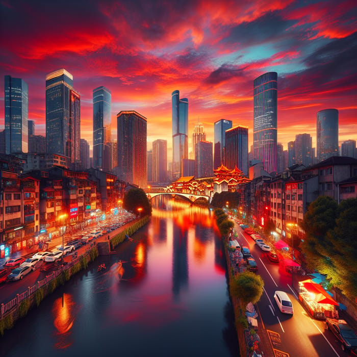 Vibrant Dusk Cityscape with River Views