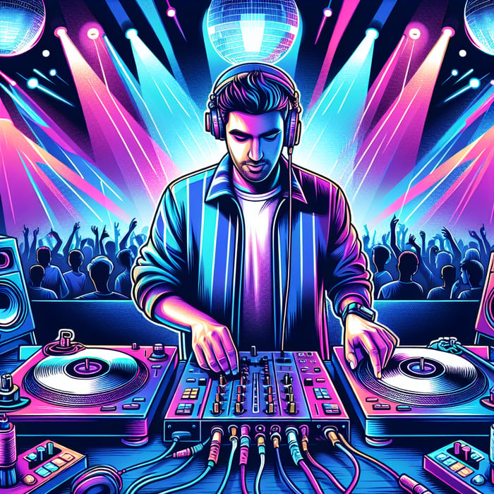 Multiracial DJ Mixing Music Illustration in Neon Color Scheme