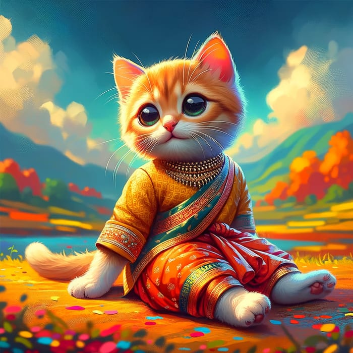 Playful Cat in Traditional Dhoti Kurt: Vibrant Digital Art
