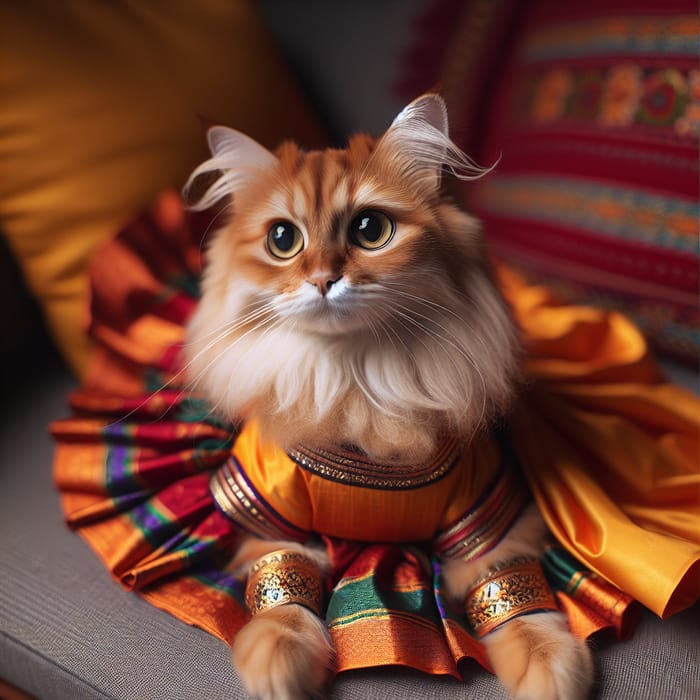 Fluffy Cat in Traditional South Asian Attire | Cute Feline Dressed in Dhoti Kurt