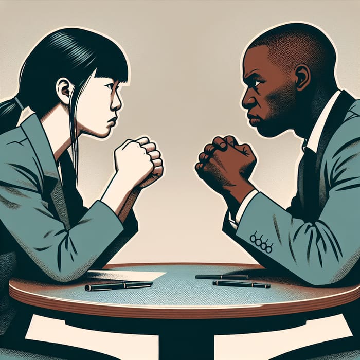 Tense Meeting at Round Table – Courtroom Style Illustration