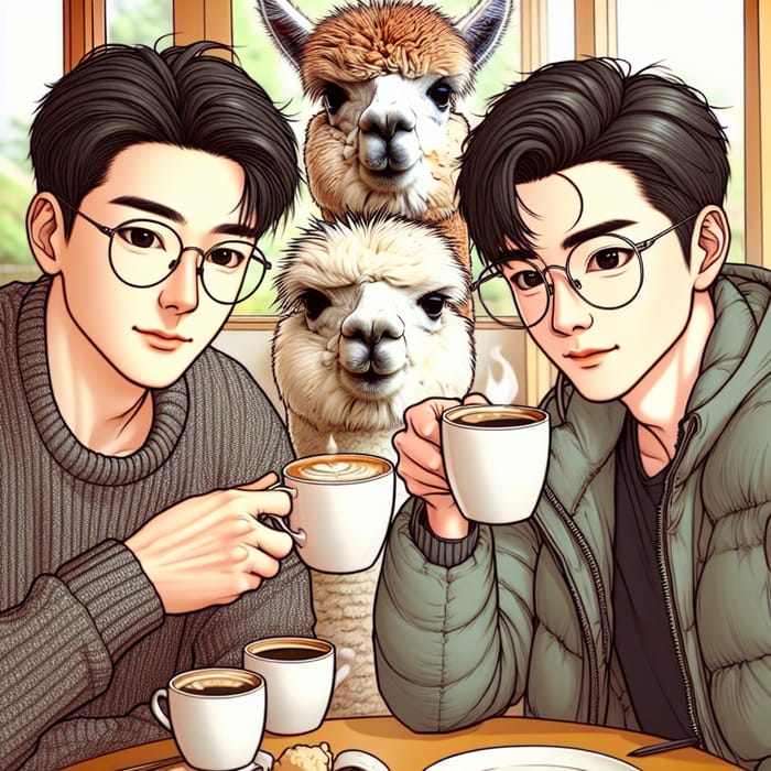Korean Men Drinking Coffee with Alpacas in Anime Style
