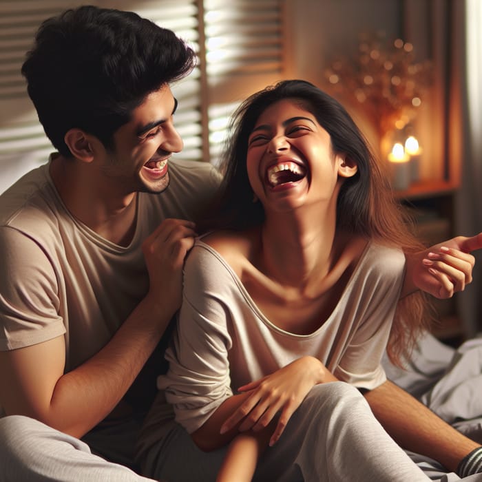 Young Asian Couple Tickling Each Other with Laughter in Bedroom