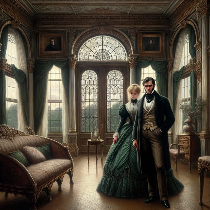 Victorian Lovers in Mansion Interior, Detailed Artistic Illustration