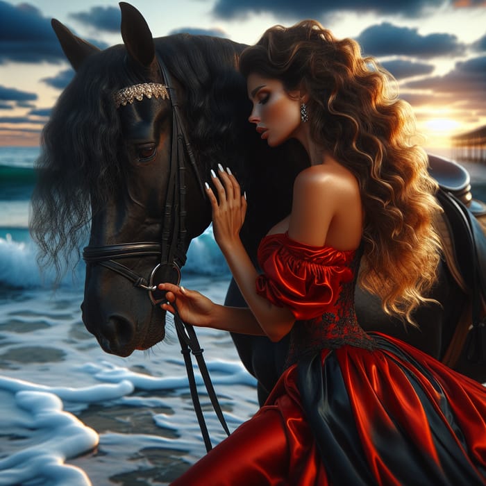 Alluring Woman in Red Dress Petting Majestic Horse by Ocean Waves