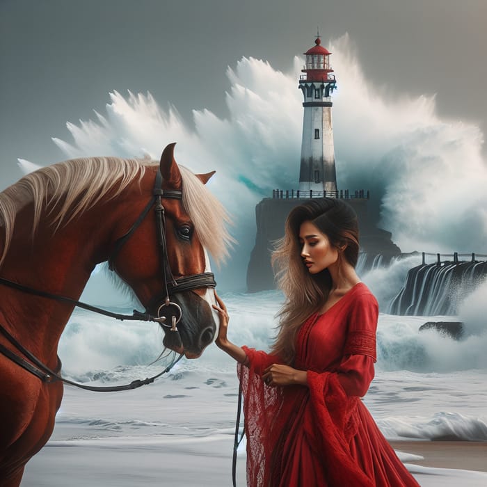 Alluring Woman in Red Petting Majestic Horse by Ocean Waves