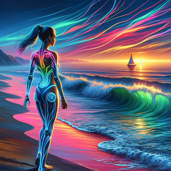 Colorful Cybernetic Girl at Beach | Vibrant AI Scene