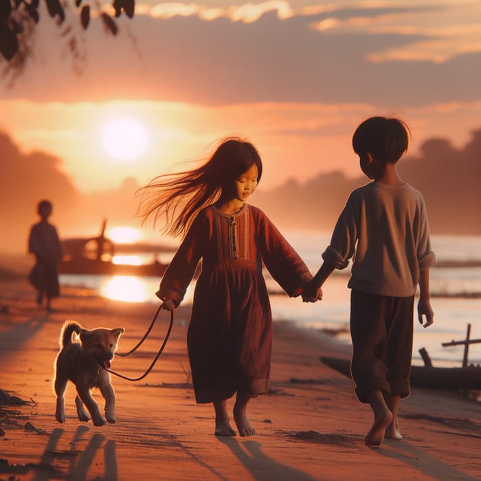 Sunset Walk by the River: Girl, Boy, and Dog under Radiant Sunlight