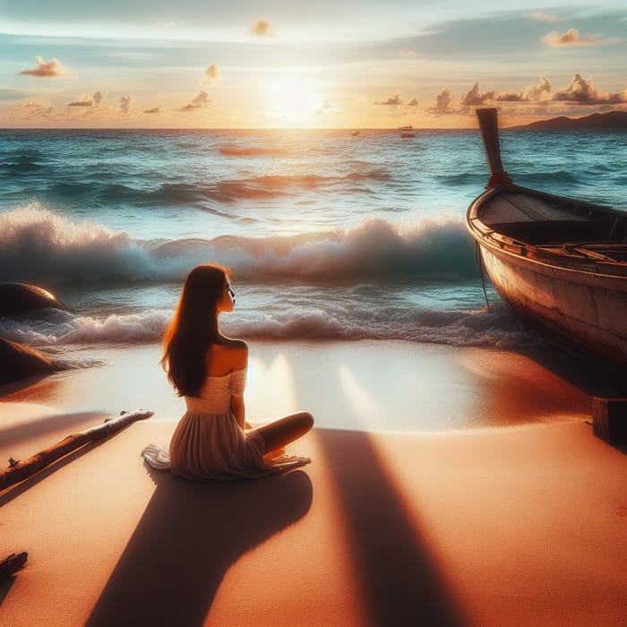 Beautiful Girl Relaxing by the Seashore at Sunset