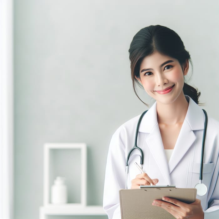 White Girl Doctor Writing Document Smiling, Open Pose