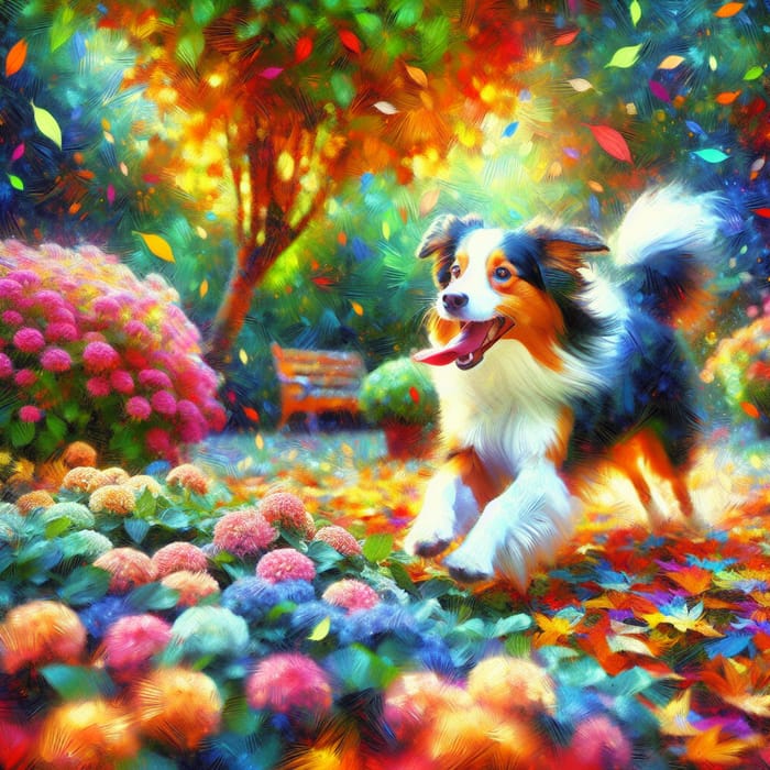 Playful Dog in Vibrant Garden - Impressionistic Pet Photography