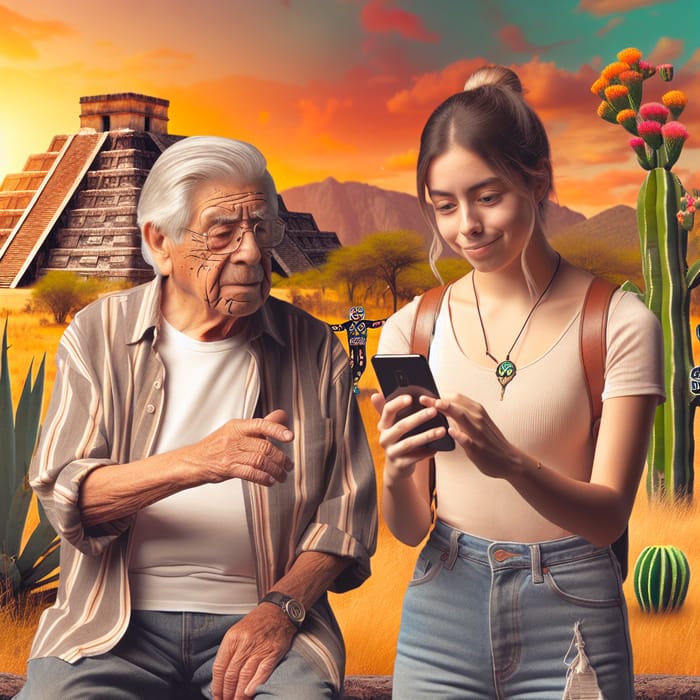 Elder Man & Daughter in Vibrant Mexican Landscape
