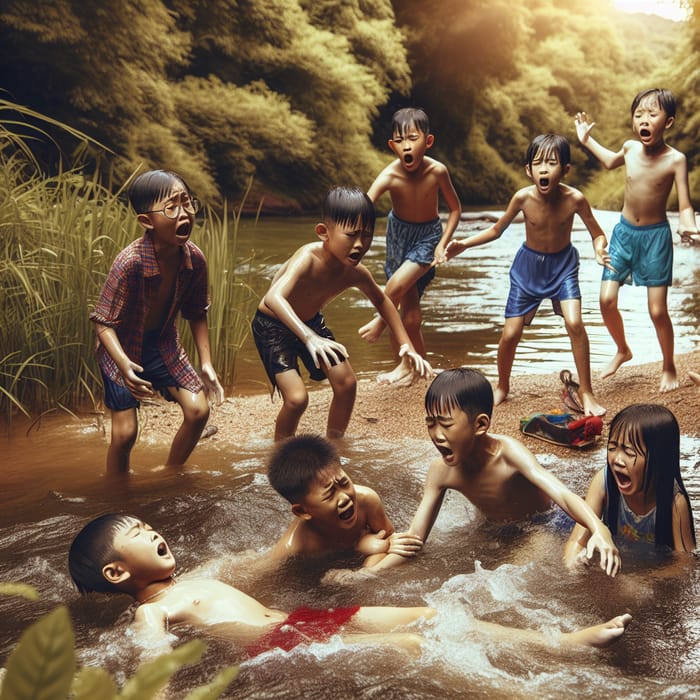 Summer River Scene: Asian Kids Play in Water Rescue