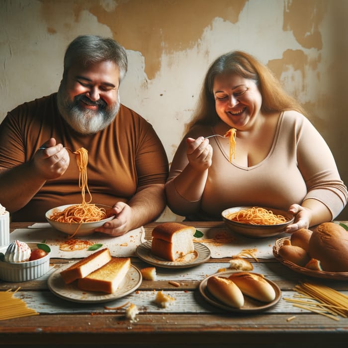 Happy Overweight Couple Enjoying Hearty Meal of Spaghetti, Bread, and Desserts