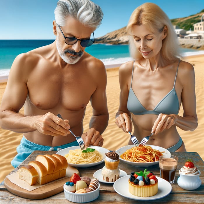 Golden Beach Dining: Middle-aged Couple Enjoy Spaghetti & Sweets