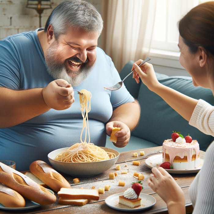 Overweight Couple Enjoying Abundant Spaghetti Meal Together