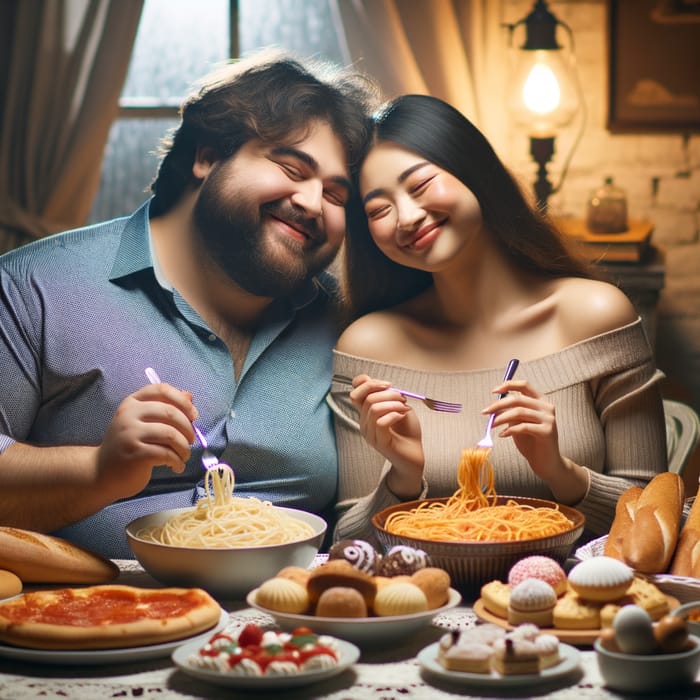 Italian and Asian Plus Size Couple Enjoying Feast Together