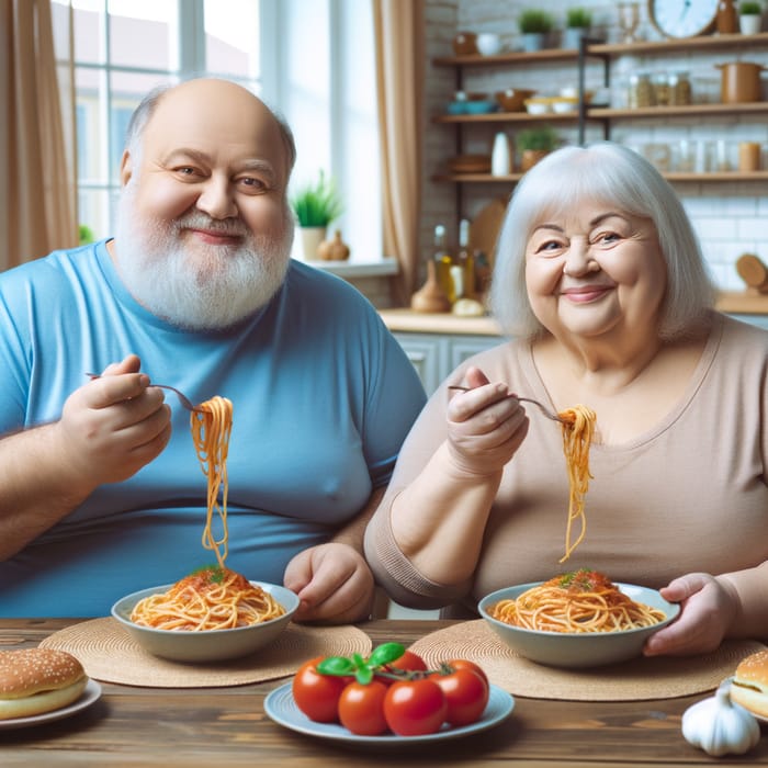 Overweight Man and Woman Eating Spaghetti Together