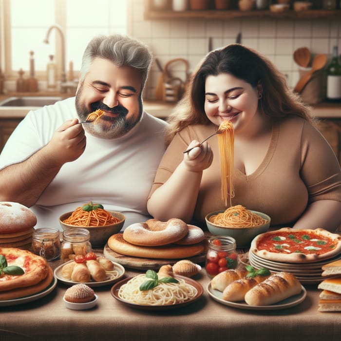 Overweight Italian Couple Indulging in Delicious Feast