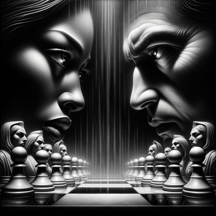 Surreal Chessboard Scene with Intense Faces | Vintage Film Aesthetic
