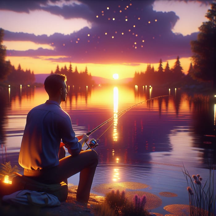 Realistic 3D Render of Man Fishing at Lake During Sunset