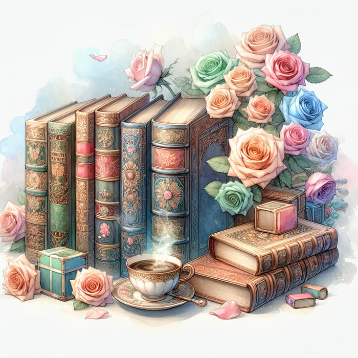 Intricately Detailed 3D Watercolor Image of Antique Books, Roses & Coffee