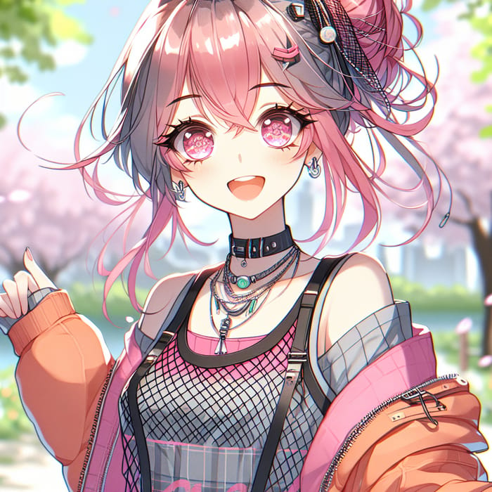 Adorable Anime Girl in Colorful Outfit at Spring Park