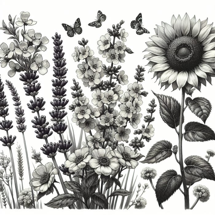 Monochromatic Sketch of Lavender, Cherry Blossoms & Sunflowers