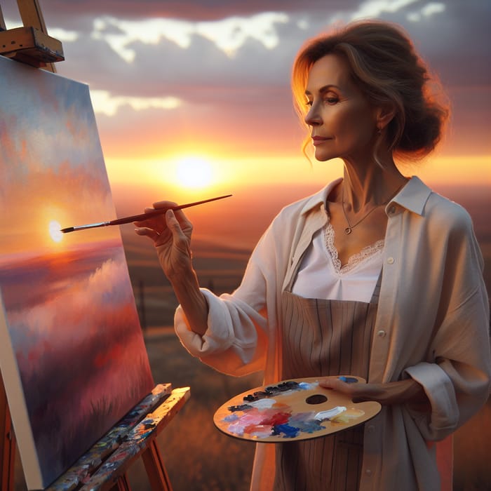 Woman Painting a Colorful Sunrise Landscape
