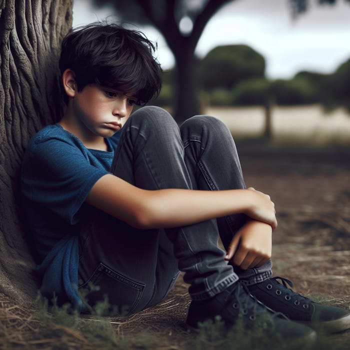 Sad Young Hispanic Boy Under Tree | Solitude and Sorrow