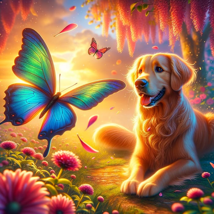 Tranquil Butterfly and Friendly Golden Retriever Encounter