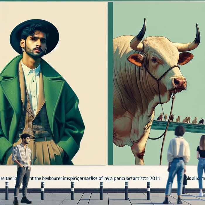 Bull and Person in Green Coat Standing on Pavement | Realist Art