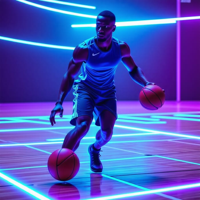 Futuristic Man Playing Basketball with Blue and Purple Lights