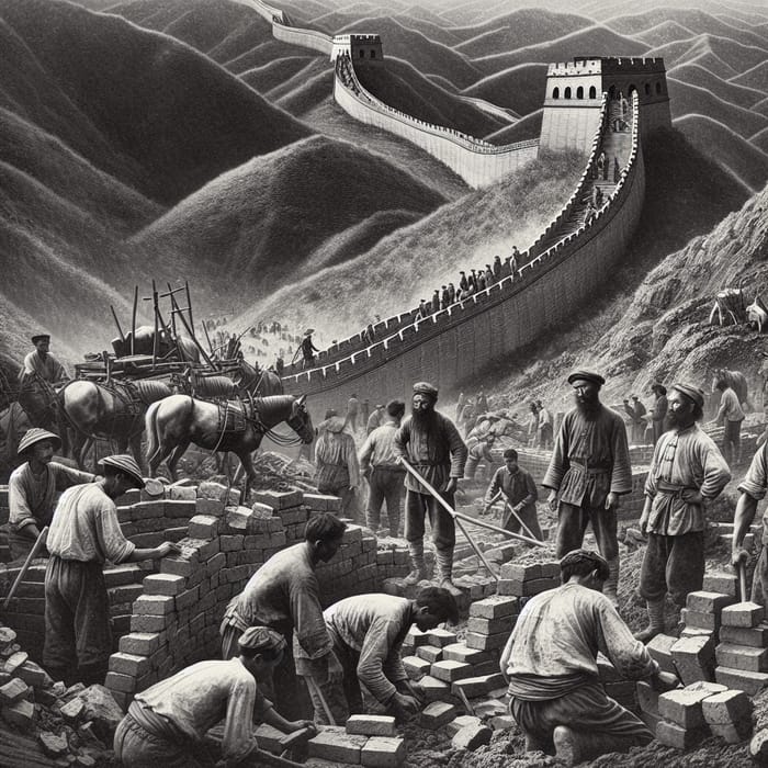 Building the Great Wall of China: Historical Construction Scene