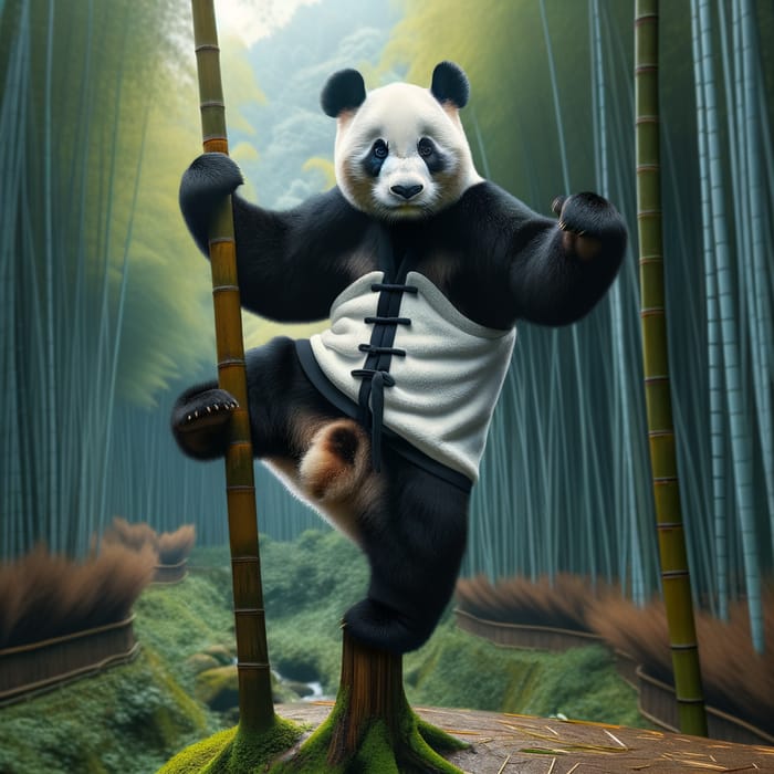 Panda Master Balancing on Bamboo in Chinese Forest