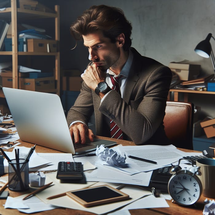 Professional Caucasian Male Engrossed at Cluttered Workspace with Clock