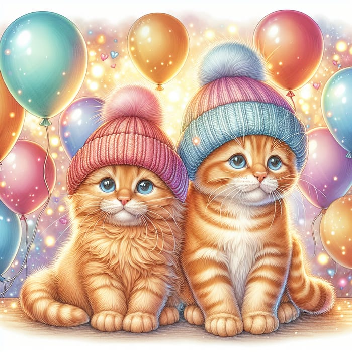 Two Ginger Cat Kittens in Soft Beanies and Balloon Background