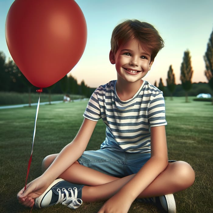 Joyful 10-Year-Old Boy Playing Outdoors with Red Balloon