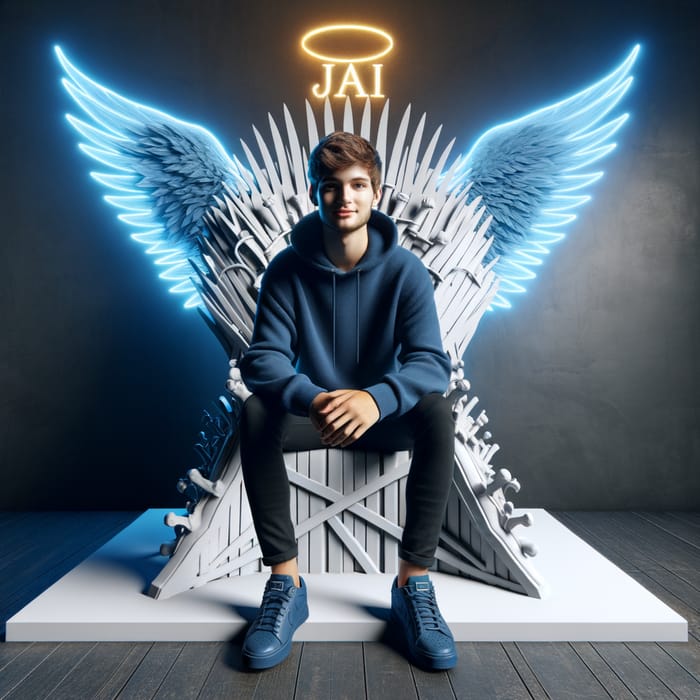 3D Illusion Profile Picture: Angelic 21-Year-Old Male With Contagious Smile on Iron Throne