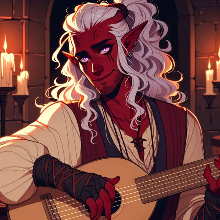Captivating Tiefling Rogue Playing Lute in Dimly Lit Tavern