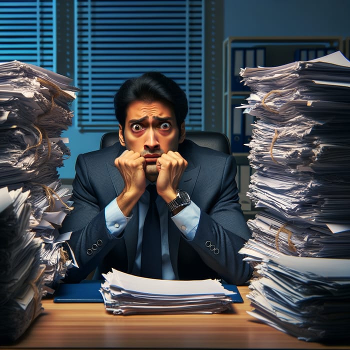 Scared South Asian Businessman Overloaded with Work - Job Insecurity