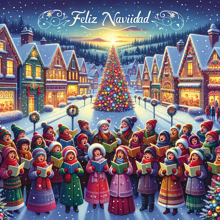Festive Christmas Card with Snow-Covered Town and Carolers