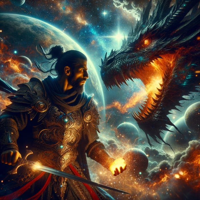 Male Warrior Battles Black Dragon in Otherworldly Realm