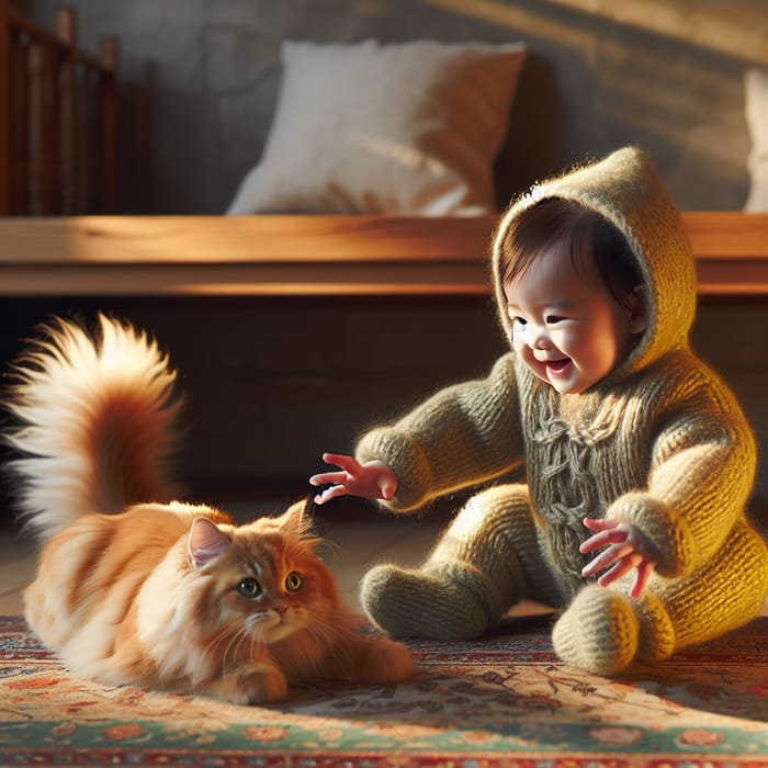 Adorable Baby and Cat on Plush Carpet