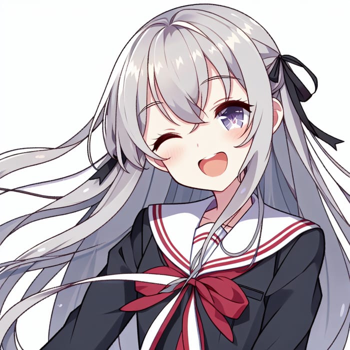 Japanese Anime-Inspired Silver-Haired Schoolgirl with a Devilish Smile