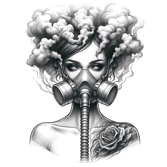 Girl in Respirator Mask Tattoo Sketch | Bold Smoke Effect