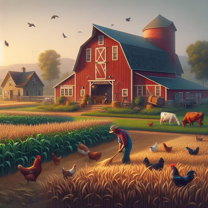 Idyllic Farm Scene at Sunset with Red Barn, Cows, and Chickens